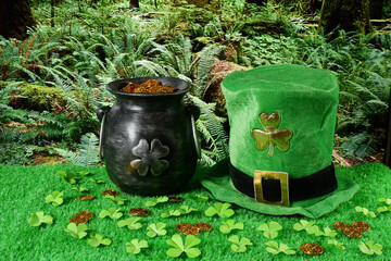 Cast iron pot with four-petal lucky shamrock leaf, full of gold coins, leprechaun hat, clover leaves and leprechaun gold coins on green grass in forest. St. Patricks Day banner, poster, flyer, poster