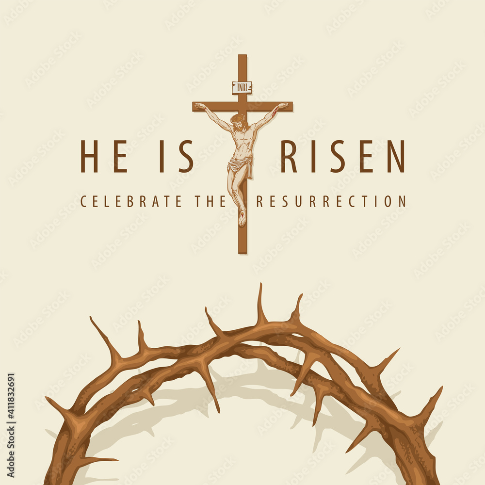 Wall mural vector banner or greeting card on the easter theme with words he is risen, celebrate the resurrectio