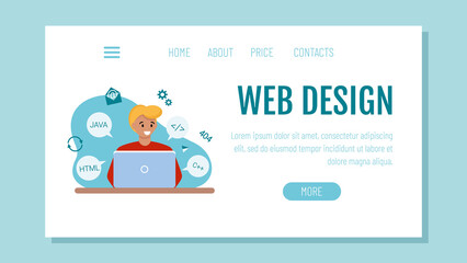 The webmaster sits at the computer and programs. Template for a website or landing page. The concept of remote work.