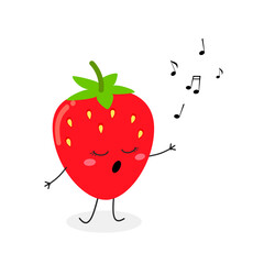 Cute singing cartoon strawberry character vector illustration