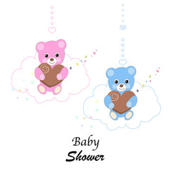 Teddy bears pink and blue teddy bears above the clouds. Baby shower, baby gender reveal, baby birthday, first year, t-shirt design element greeting card illustration