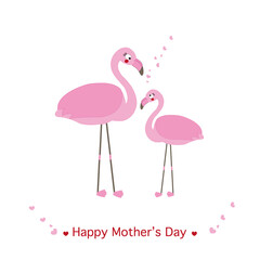 Mother Flamingo Baby Flamingo. Mother elephant giving baby flamingo gift heart balloon. Happy Mother's Day cute cartoon greeting card illustration