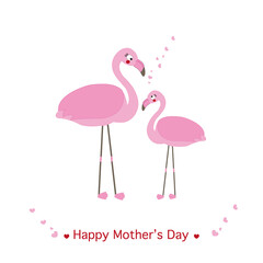 Fototapeta premium Mother Flamingo Baby Flamingo. Mother elephant giving baby flamingo gift heart balloon. Happy Mother's Day cute cartoon greeting card illustration