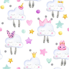 Cute cartoon fairy nature with  rainbow watercolor seamless pattern. 