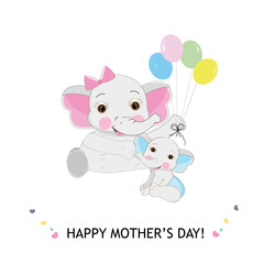 Mother Elephant Baby Elephant. Mother elephant giving baby elephant gift colorful balloon. Happy Mother's Day cute cartoon greeting card illustration
