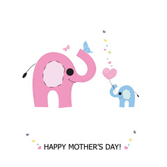 Naklejka premium Mother Elephant Baby Elephant. mother elephant giving baby elephant gift balloon. Happy Mother's Day cute cartoon greeting card illustration