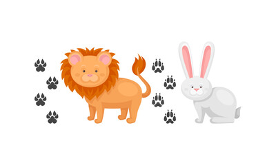 Obraz na płótnie Canvas Wild and Domestic Animal with Rabbit and Lion and Their Footprints Vector Set