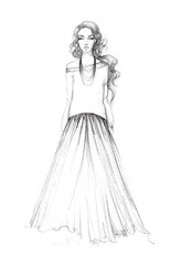 fashion sketch of a young beautiful girl cute image with a skirt and sweate