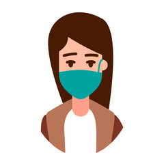 People face with mask icon isolated on white. Notice Safety sign. Woman wearing medical mask. Rules for visiting shops, public places, coronavirus, how to protect yourself, office worker wears a mask