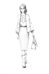 Fototapeta na wymiar fashion sketch of a young beautiful girl graceful image with a skirt blouse and jacket