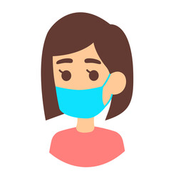 People face with mask icon isolated on white. Notice Safety sign. Woman wearing medical mask. Rules for visiting shops, public places, coronavirus, how to protect yourself, office worker wears a mask