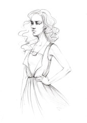 Fototapeta premium fashion sketch of a young beautiful girl with graceful dress pencil drawing