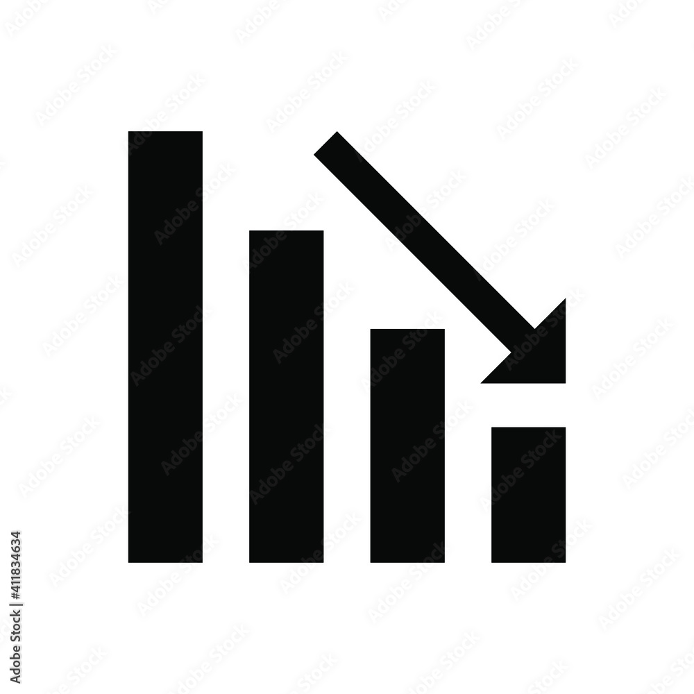 Poster graph down, reduce progress glyph icon. simple solid style efficiency decrease graphic, finance char