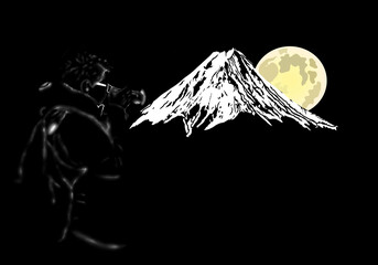 fotografa che riprende il paesaggio con montagna e luna