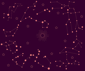 Fototapeta premium Set in order of Zodiac constellations around sun in starry sky. Dark purple star map. Vector illustration for esoteric and magical research, connection of space with planet Earth.