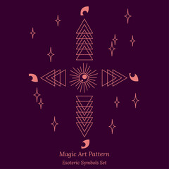 Esoteric symbol of opening third eye of the soul. Science Illustration, look into universe concept. Vector outline drawing style design for tarot cards, social networks, groups, web pages.