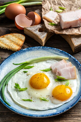 Delicious breakfast or snack bacon, lard fried eggs and toast vertical image