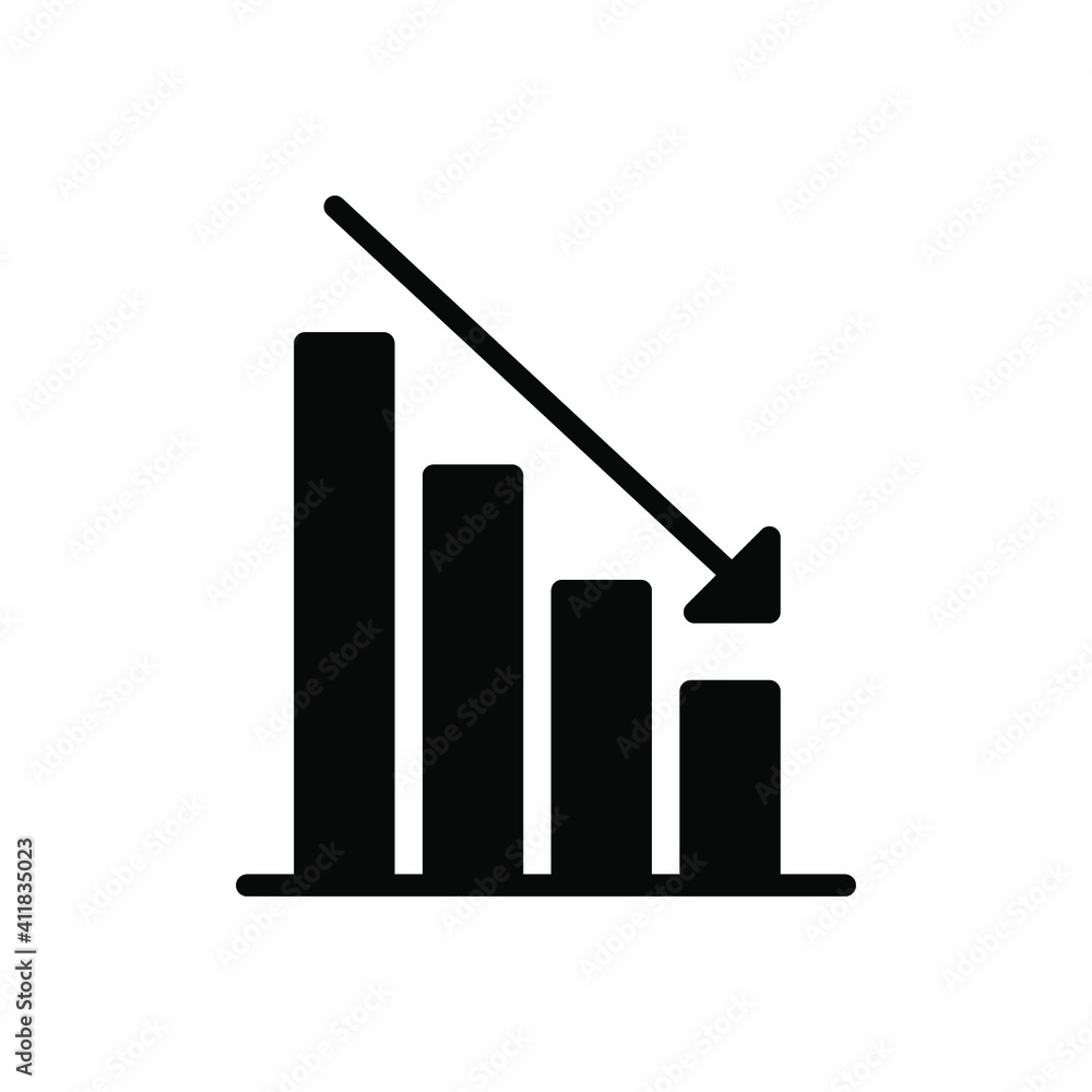 Poster graph down, reduce progress glyph icon. simple solid style efficiency decrease graphic, finance char