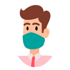 People face with mask icon isolated on white. Notice Safety sign. Guy wearing protective mask. Rules for visiting shops, public places, coronavirus, how to protect yourself, office worker wears a mask