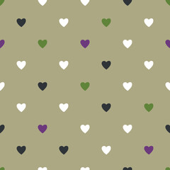 Vector seamless pattern with tiny hearts. Cute colorful elements on beige background. Romantic background.