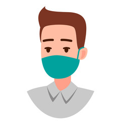 People face with mask icon isolated on white. Notice Safety sign. Guy wearing protective mask. Rules for visiting shops, public places, coronavirus, how to protect yourself, office worker wears a mask