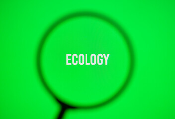 Word ecology on green screen through magnifying glass. Eco concept