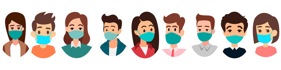 Group of people wearing mask. People face with mask icon isolated vector on white background. Notice Safety sign. Rules for visiting shops and public places, coronavirus, Office workers wearing mask