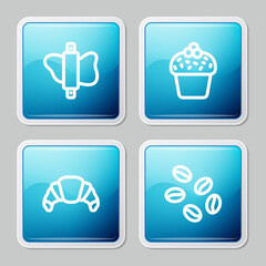 Set line Rolling pin on dough, Cake, Croissant and Coffee beans icon. Vector.