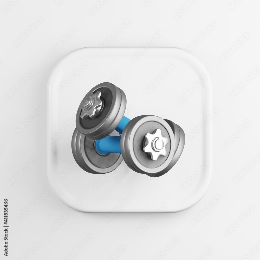 Poster Iron dumbbells icon. 3d rendering white square button key, interface element.