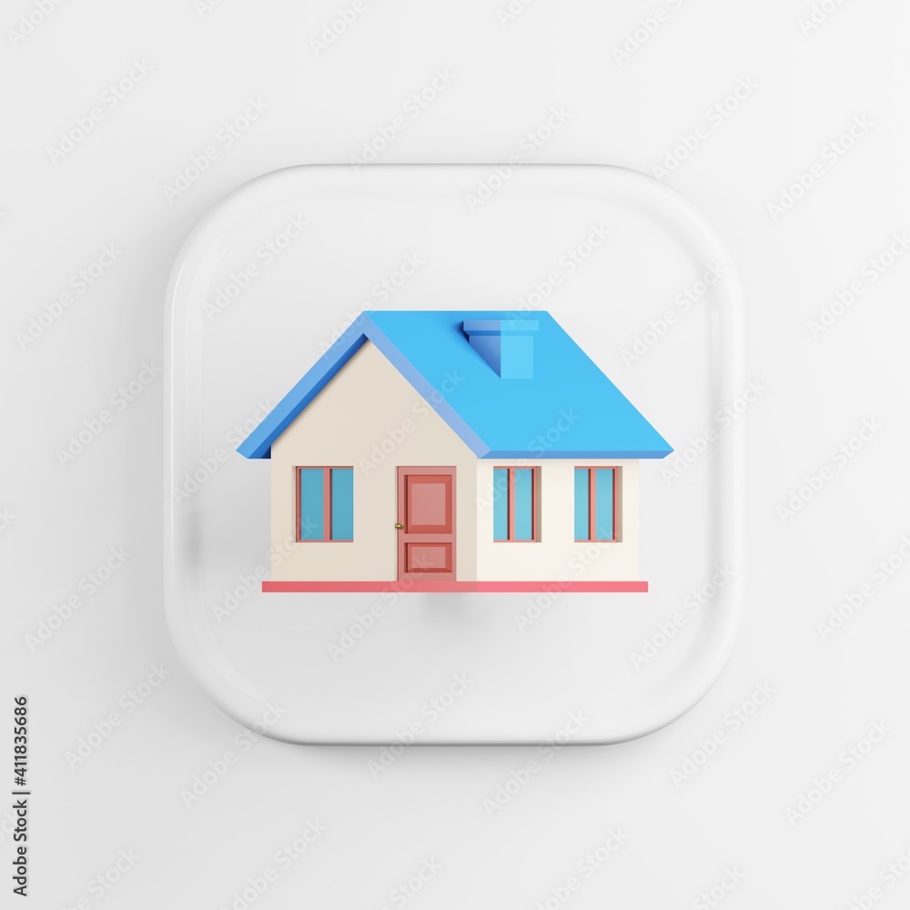 Poster multicolored house icon. 3d rendering white square button key, interface element.