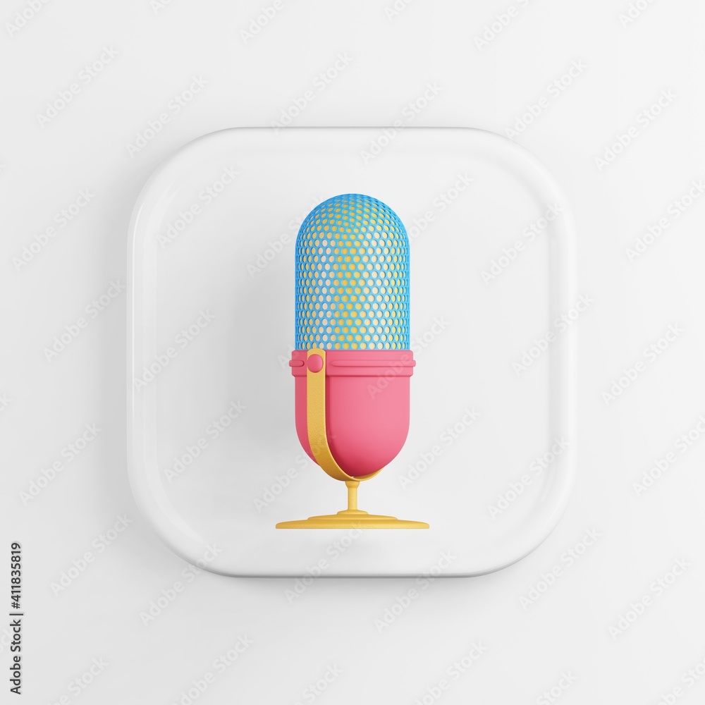 Poster multicolored microphone icon. 3d rendering white square button key, interface element.