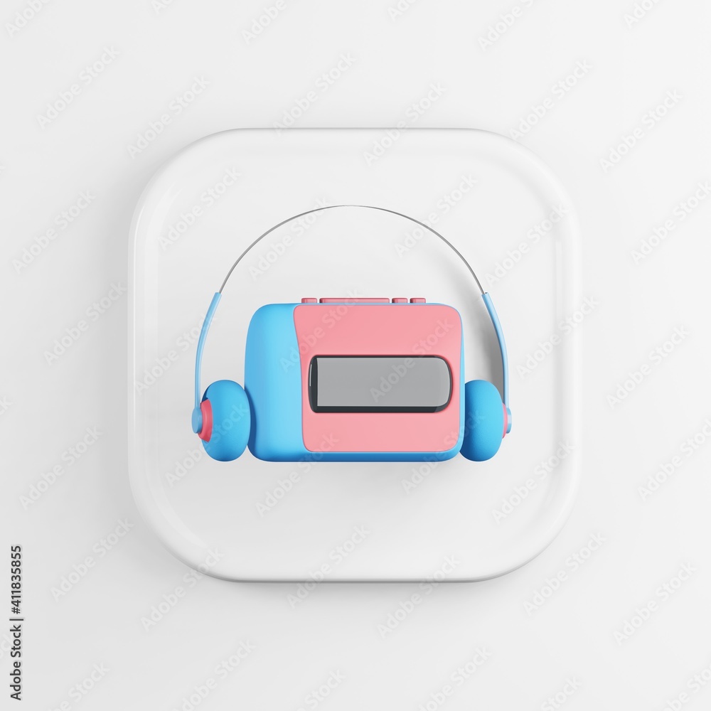 Poster vintage audio cassette player icon with headphones. 3d rendering white square button key, interface 