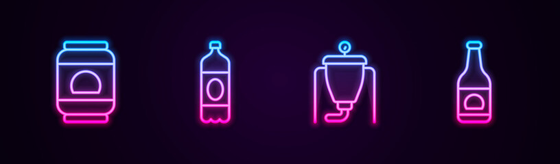 Set line Beer can, Plastic beer bottle, brewing process and . Glowing neon icon. Vector.