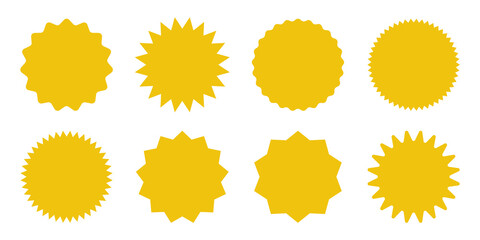 Yellow shopping labels collection. Sale or discount sticker. Special offer price tag. Supermarket promotional badge. Vector sunburst icon.