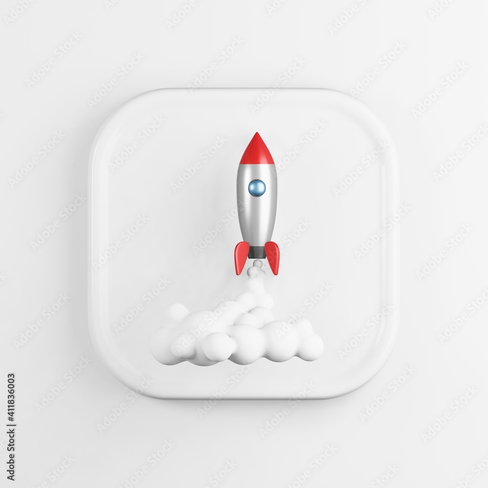 Poster space rocket launch icon. 3d rendering white square button key, interface element.