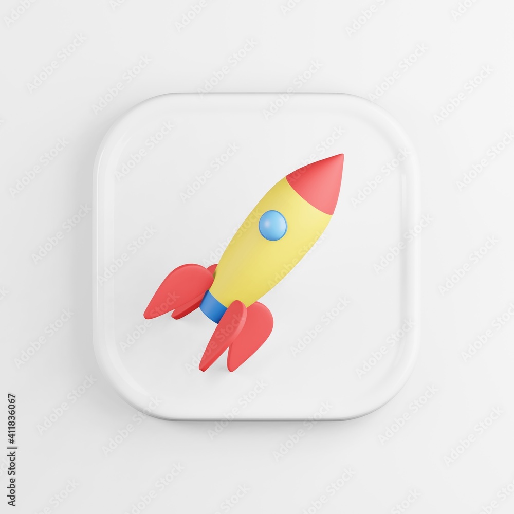 Poster multicolored space rocket icon. 3d rendering white square button key, interface element.
