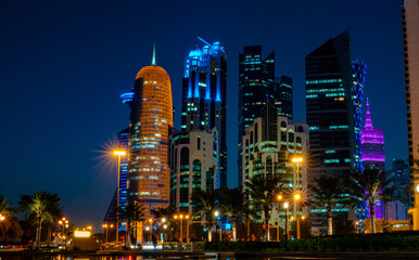 Fototapeta na wymiar 12 February 2019- Colorful Skyline of Doha Qatar City during nig