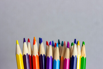Colored pencils standing in a row on a gray background.