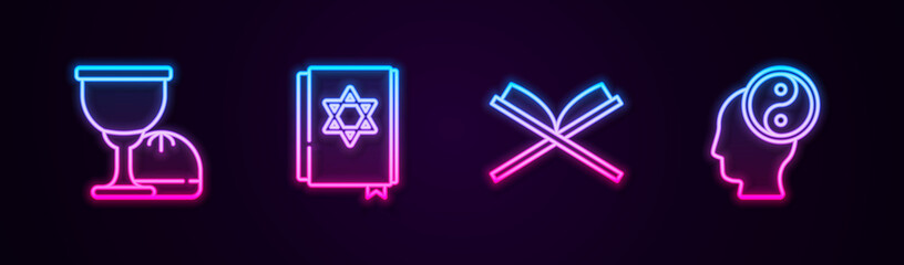 Set line Holy grail or chalice, Jewish torah book, of Koran and Yin Yang. Glowing neon icon. Vector.