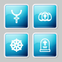 Set line Christian cross on chain, Easter egg, Dharma wheel and Tombstone with icon. Vector.