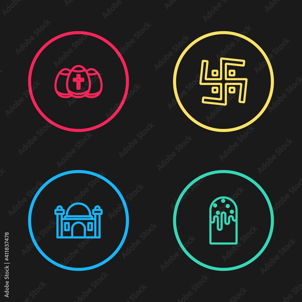 Wall mural Set line Muslim Mosque, Easter cake, Hindu swastika and egg icon. Vector.