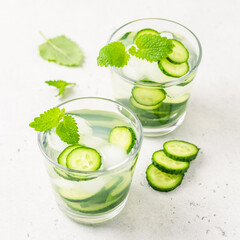 summer refreshing iced tea cucumber mint drink. Space for text, top view.