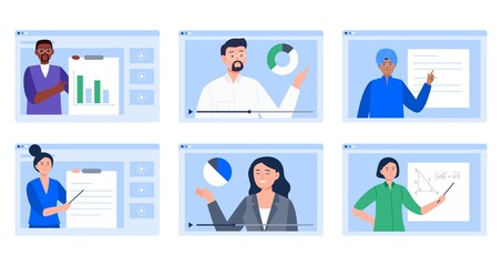 Online education. Webinar, online conferences, lectures, and training. People teaching online. Vector flat illustration.