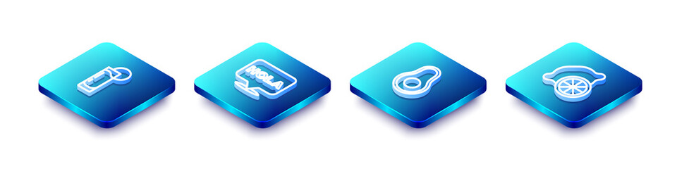 Set Isometric line Tequila glass with lemon, Hola, Avocado fruit and Lemon icon. Vector. © vector_v