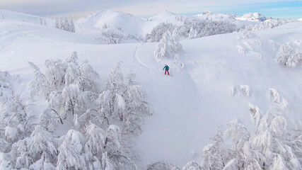 AERIAL: Flying above a snowboarder descending down the snowy hill in Julian Alps