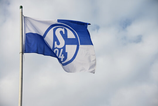 Winsen, Lower Saxyony, Germany - September 30, 2018:  Flag with the Schalke 04 logo - Schalke 04 is a professional German football and multi-sports club