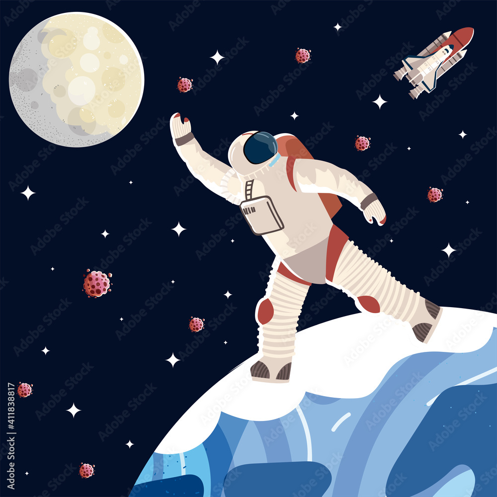 Poster cosmonaut character in spacesuit and helmet