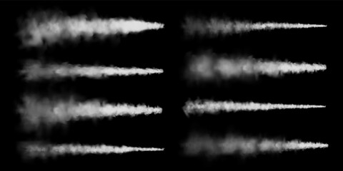 Realistic airplane condensation trails. Space rocket launch. Missile or bullet trail. Jet aircraft tracks. White smoke clouds, fog. Steam flow. Vector illustration. © 32 pixels