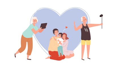 Family photo. Grandparents making image with phone and tablet, young parents and kid. Diverse generation vector concept. Grandmother and grandparent selfie photo, family together illustration