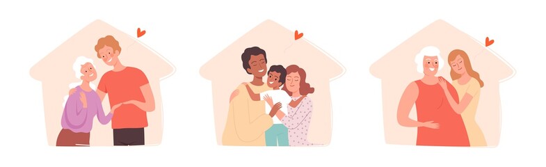 People with family in home silhouettes. Woman man with mothers, parents and child vector concept. Illustration protect family and grandmother